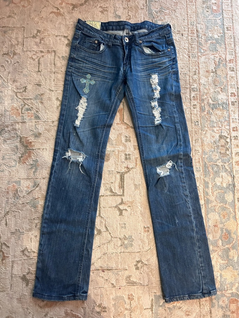 DaVinci Distressed Straight Leg Jeans in Dark Blue with Rhinestone Cross sz 5